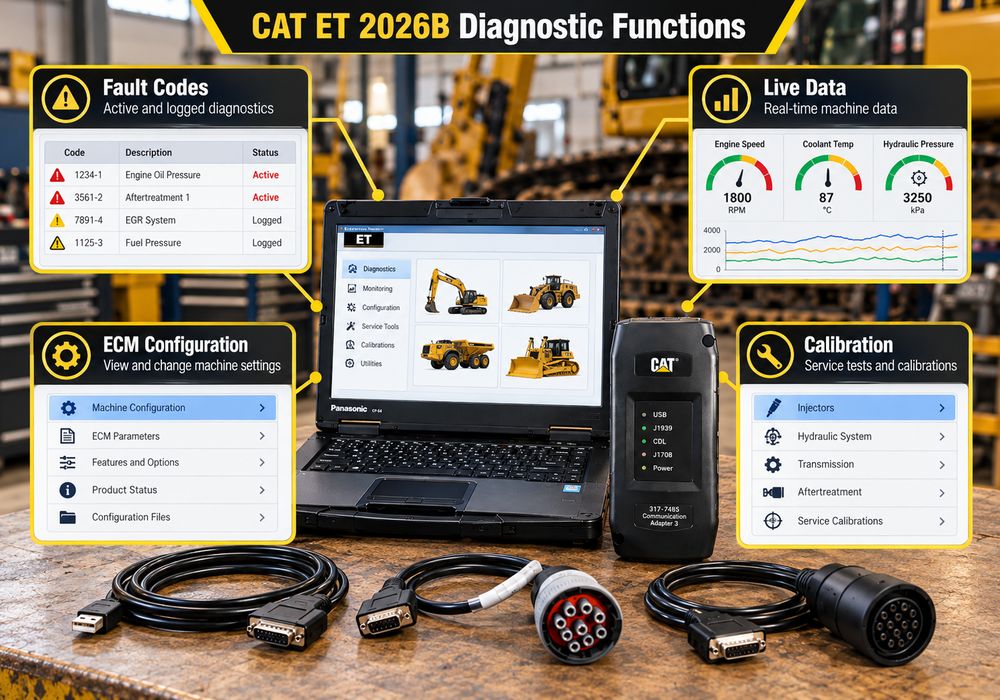 CAT ET 2026B диагностические функции, включая коды неисправностей, данные в реальном времени и конфигурацию ECM