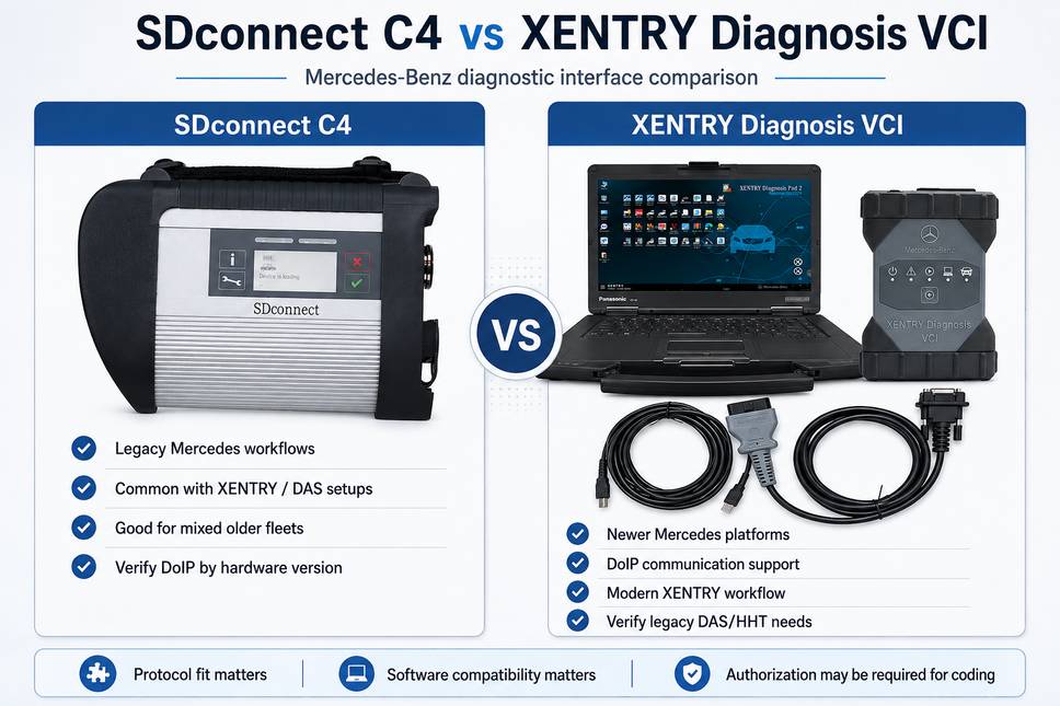 Сравнение SDconnect C4 и Mercedes XENTRY Diagnosis VCI C6 диагностического интерфейса