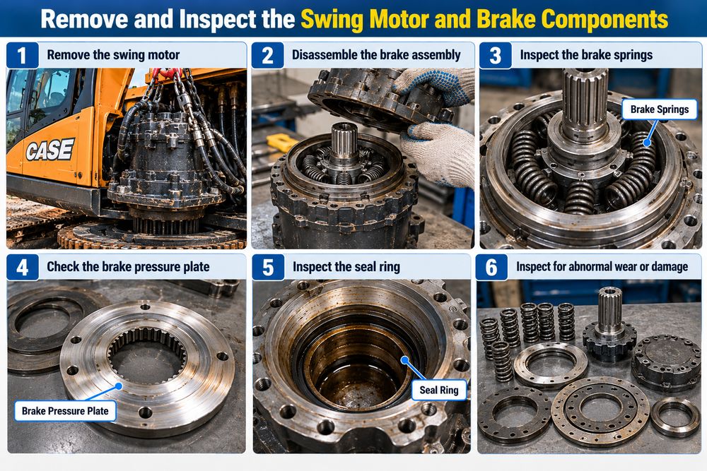 CASE excavator swing motor inspection showing brake disassembly, brake springs, pressure plate, seal ring, and checks for wear or damage