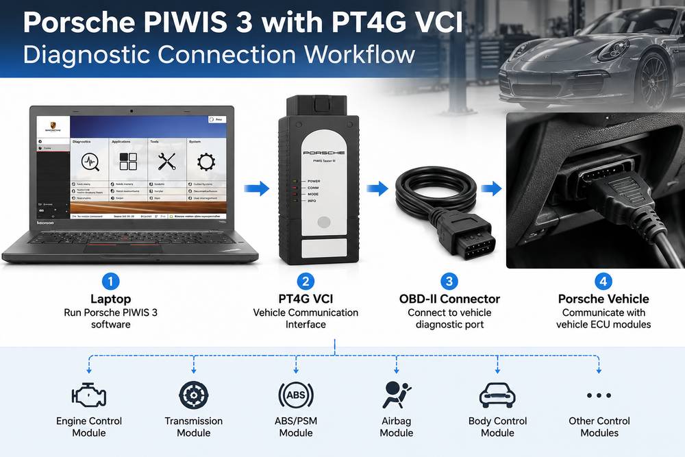 Porsche PIWIS 3 PT4G VCI diagnostic connection workflow from laptop to vehicle ECU