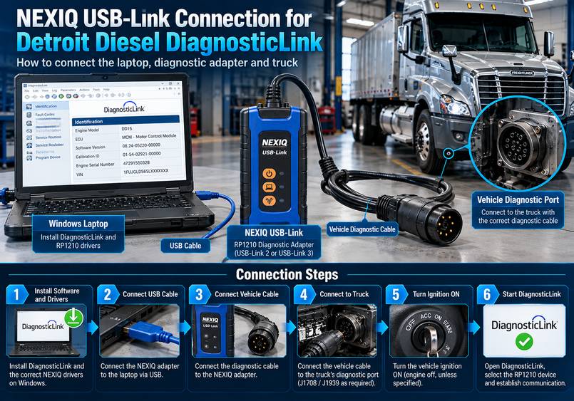 Схема подключения диагностического адаптера NEXIQ USB-Link между ноутбуком с Windows и диагностическим портом грузовика Detroit Diesel