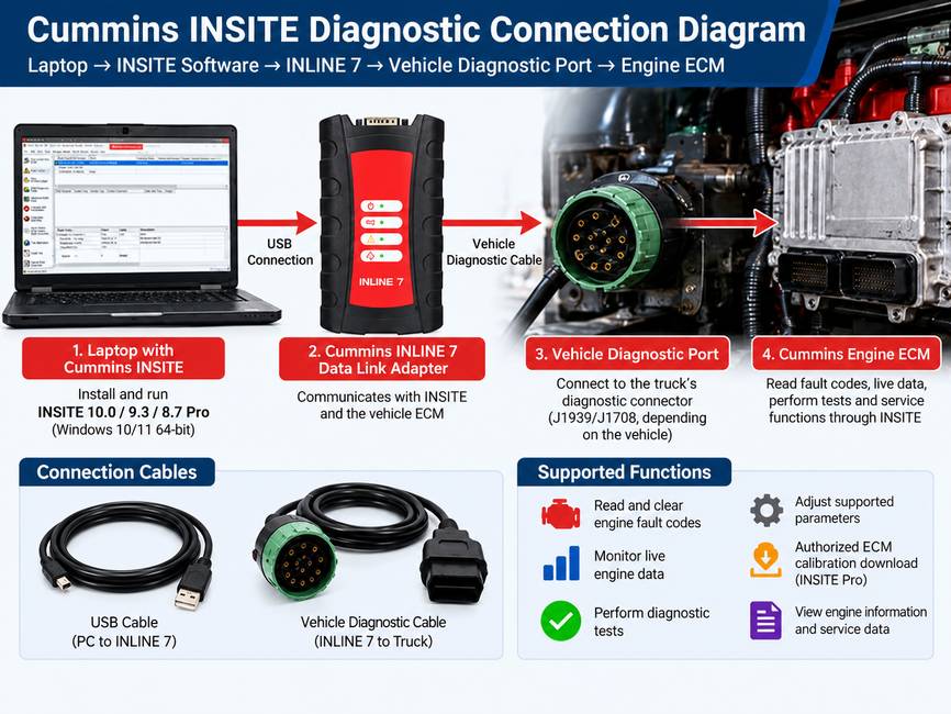 Схема подключения Cummins INLINE 7 от ноутбука с INSITE к ECM двигателя грузовика