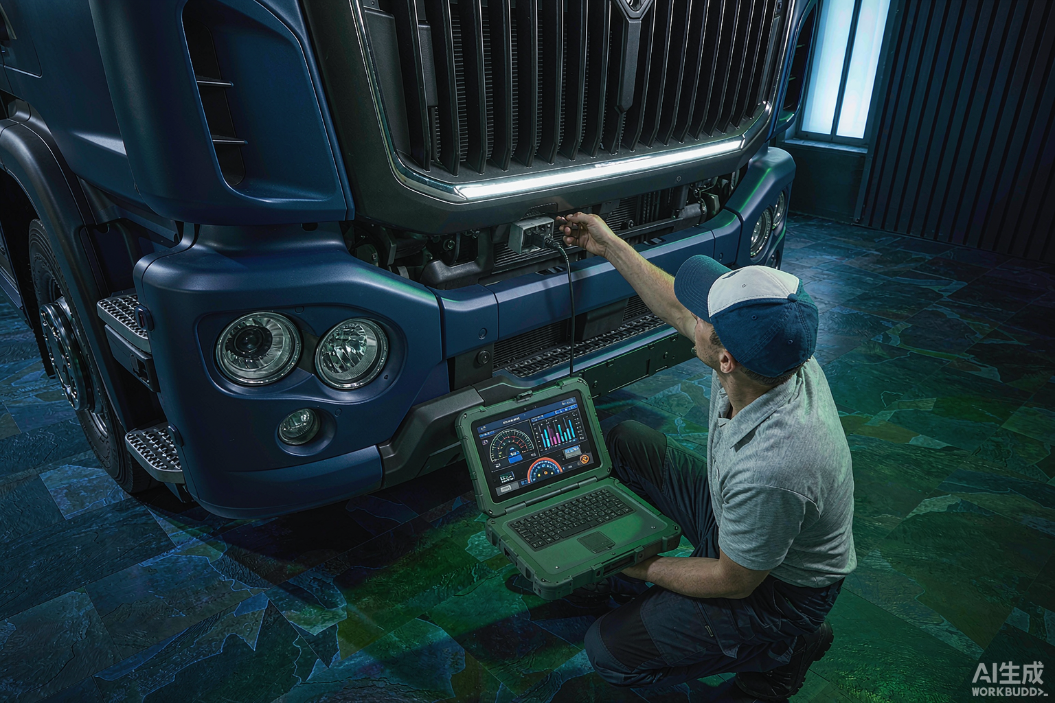 Scania heavy-duty truck connected to a diagnostic laptop via OBD cable in a workshop bay