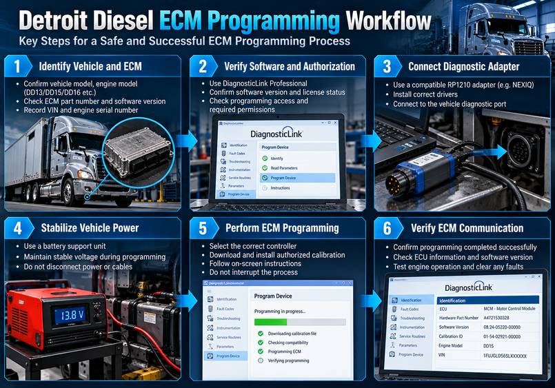 Detroit Diesel ECM programming workflow using DiagnosticLink Professional with approved calibration and programming access