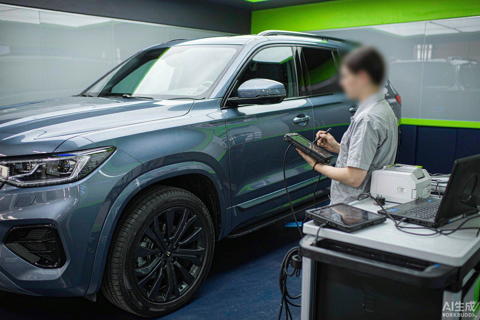 Technician using a multi-brand diagnostic tablet on a modern vehicle in a busy independent workshop