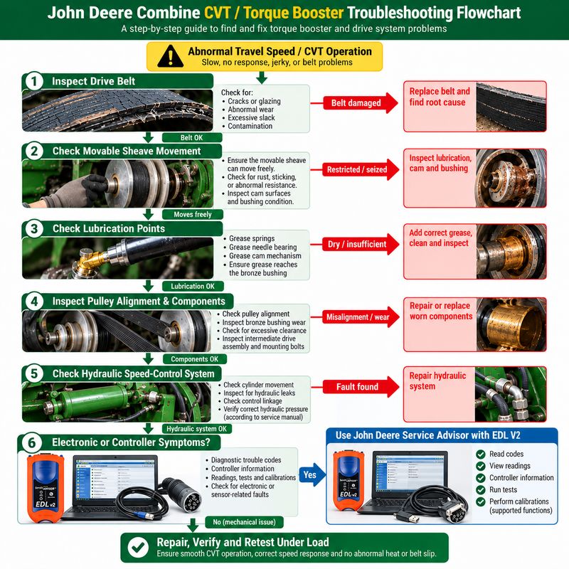 Блок-схема диагностики CVT и усилителя крутящего момента комбайна John Deere