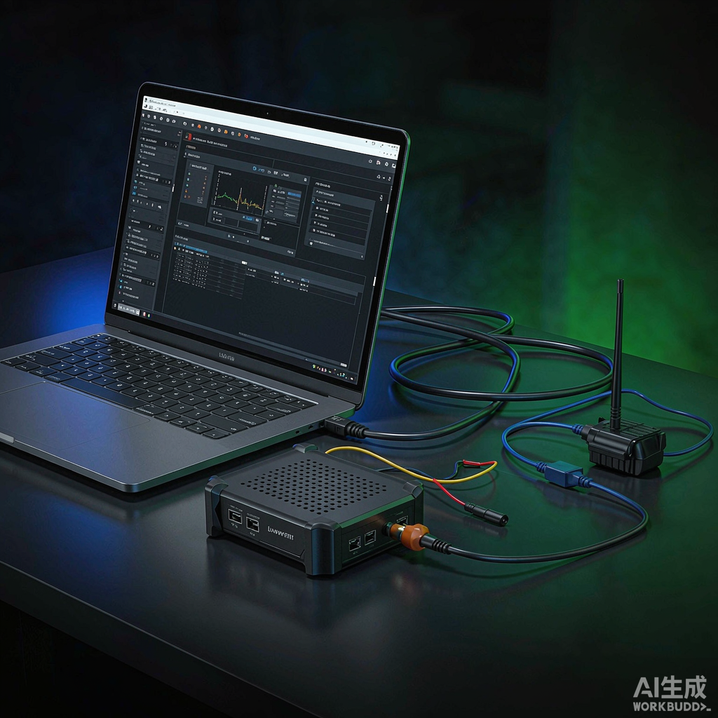 Рабочая станция техника по ECU-тюнингу с ноутбуком, на котором запущено диагностическое ПО и инструмент OBD-тюнинга