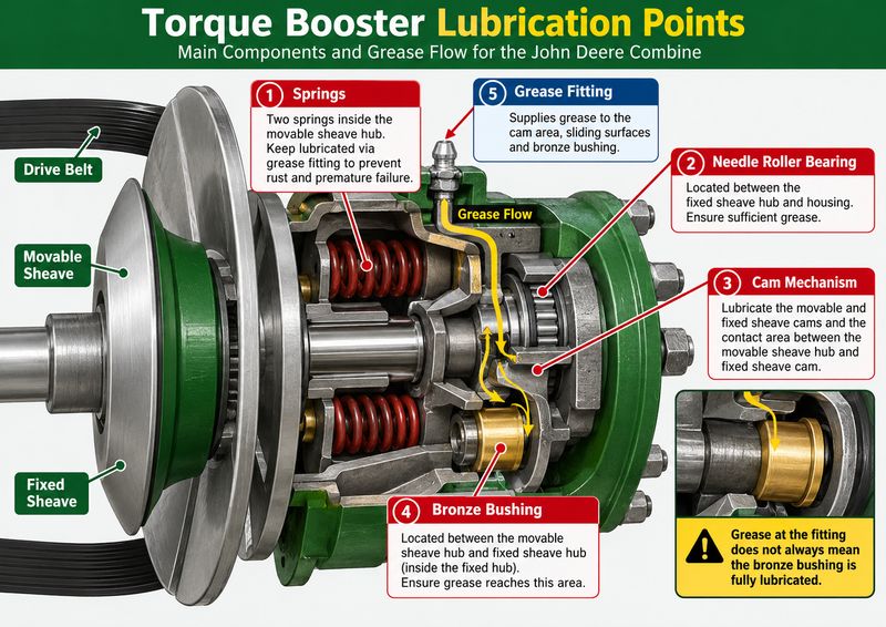 Torque booster lubrication points including springs bearing cam and bronze bushing
