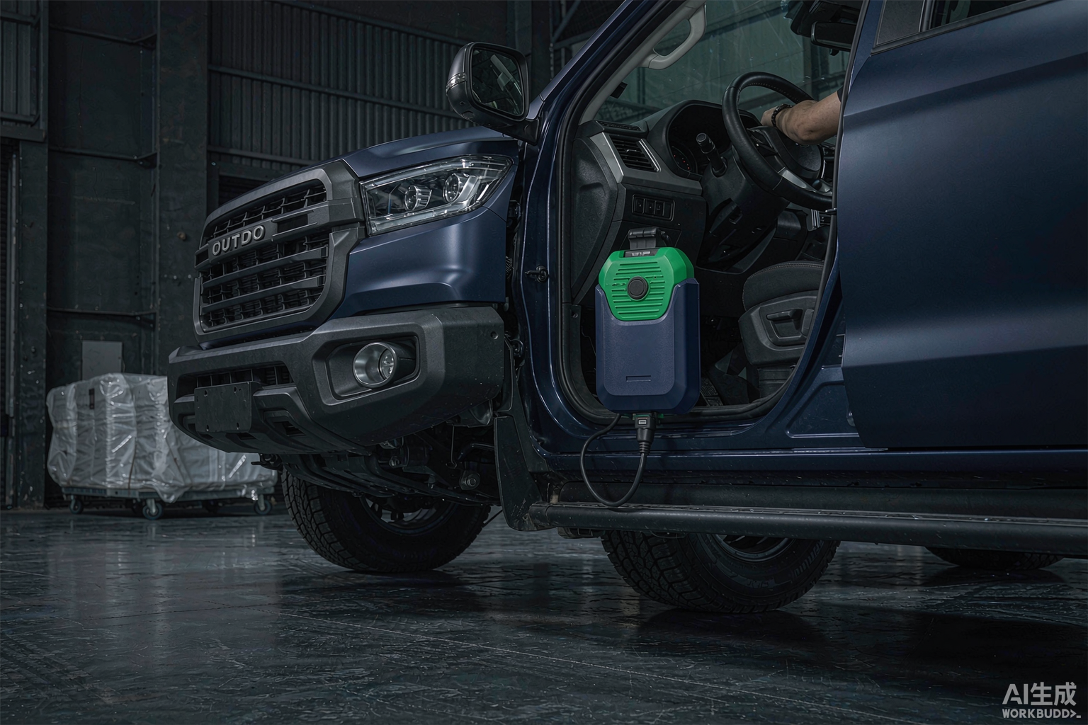 Техник подключает интерфейс OBD-тюнинга к китайскому дизельному пикапу в мастерской