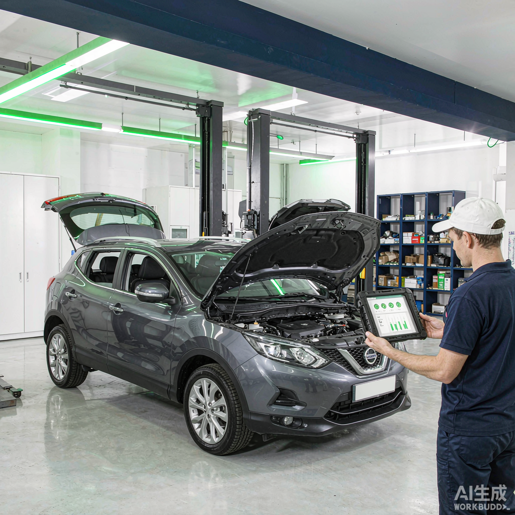 Technician using a diagnostic tablet on a Nissan Qashqai in an independent workshop