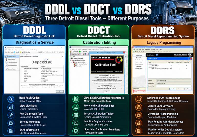 Сравнение диагностических функций DDDL, редактирования калибровок DDCT и устаревшего перепрограммирования DDRS для двигателей Detroit Diesel