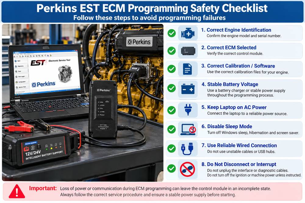 Контрольный список безопасности программирования ECM Perkins EST со стабильным питанием и диагностическим подключением