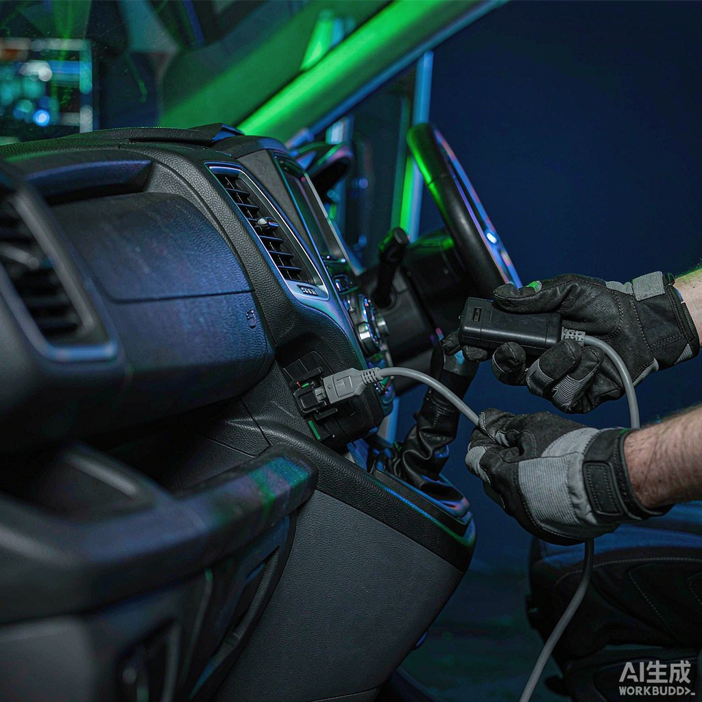 Техник подключает OBD-диагностический инструмент к фургону Ford Transit