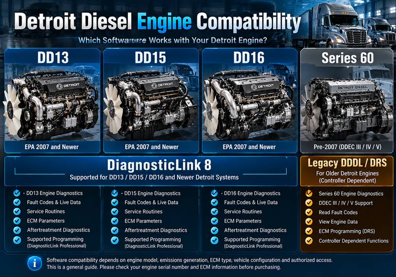 Detroit Diesel software compatibility guide for DD13 DD15 DD16 and legacy Series 60 engines