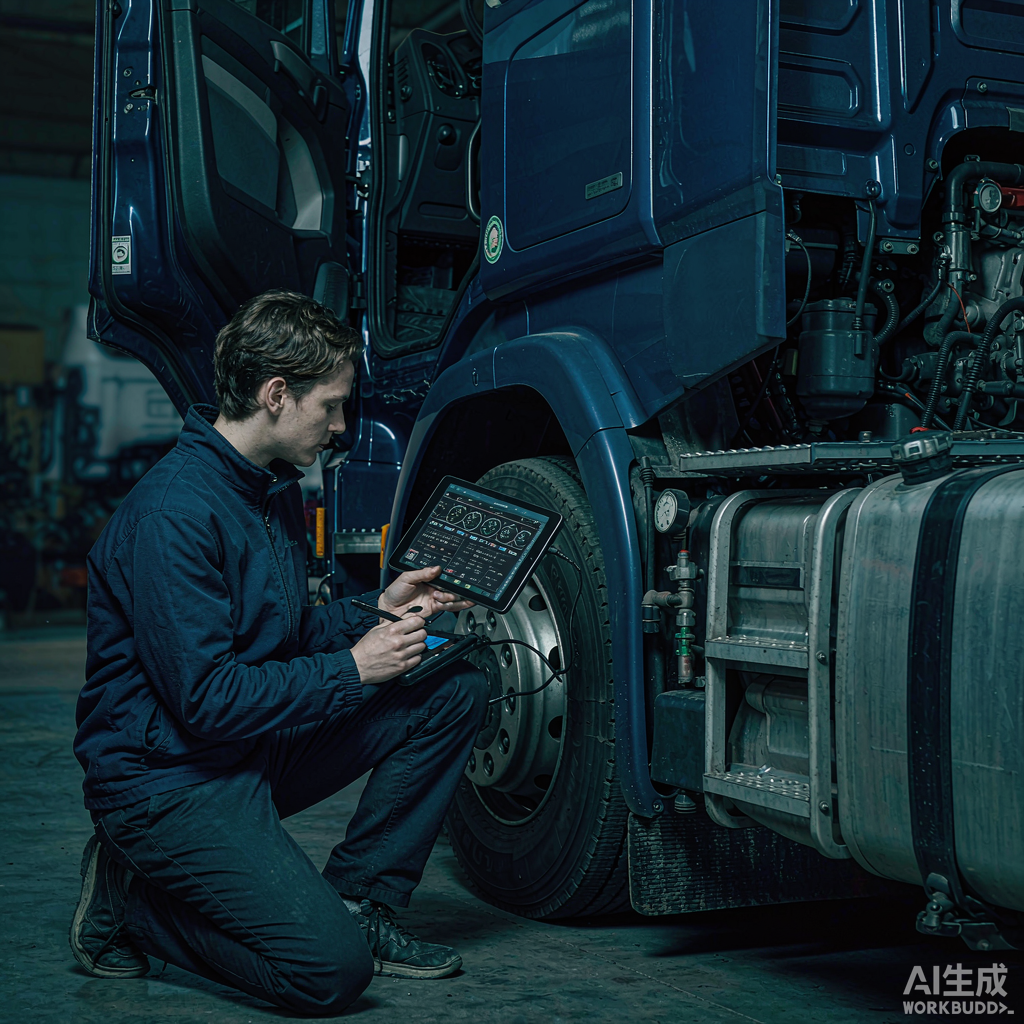 Technician reading a Scania truck engine control unit through the OBD port