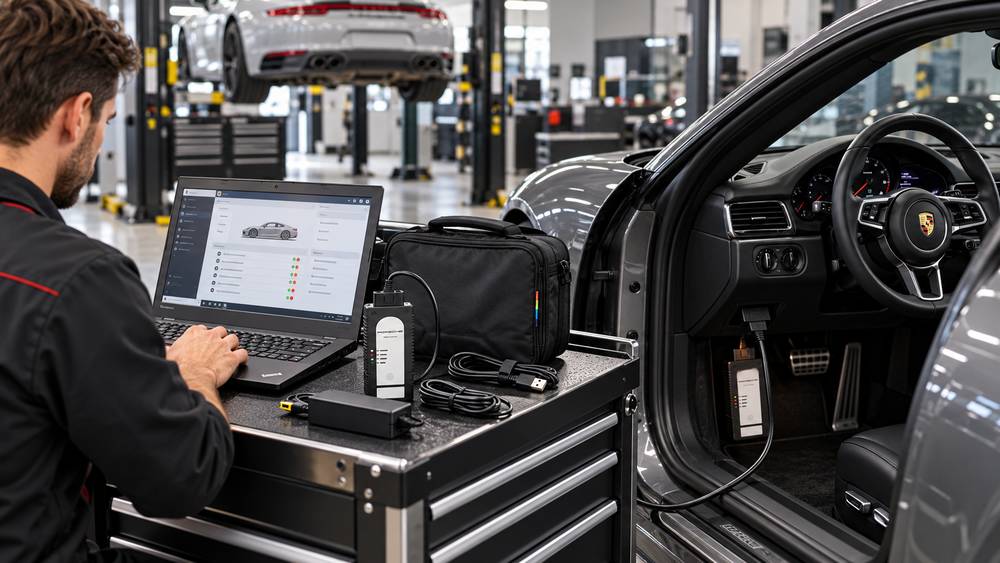 Porsche PIWIS 3 diagnostic software with PT4G VCI connected to Porsche vehicle