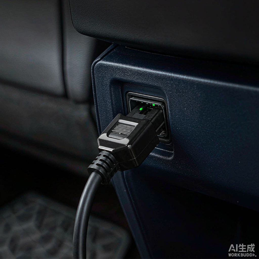 Крупный план диагностического разъёма OBD, подключённого к электромобилю