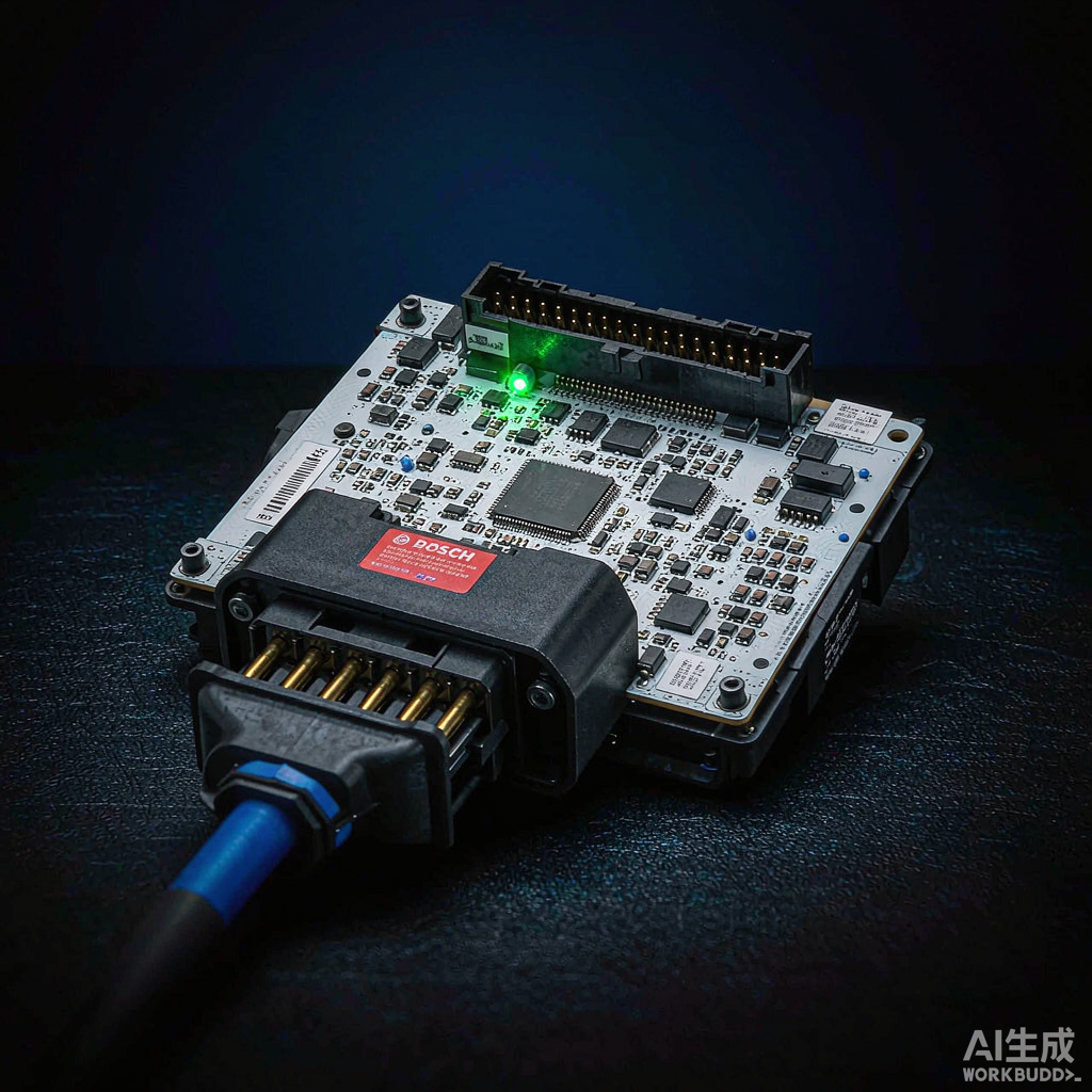 Крупный план Bosch ECU Adapter, подключённого к BMW B48 DME на верстаке
