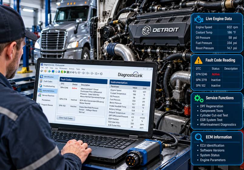 Техник использует Detroit DiagnosticLink для мониторинга кодов неисправностей двигателя и данных в реальном времени на дизельном двигателе DD15