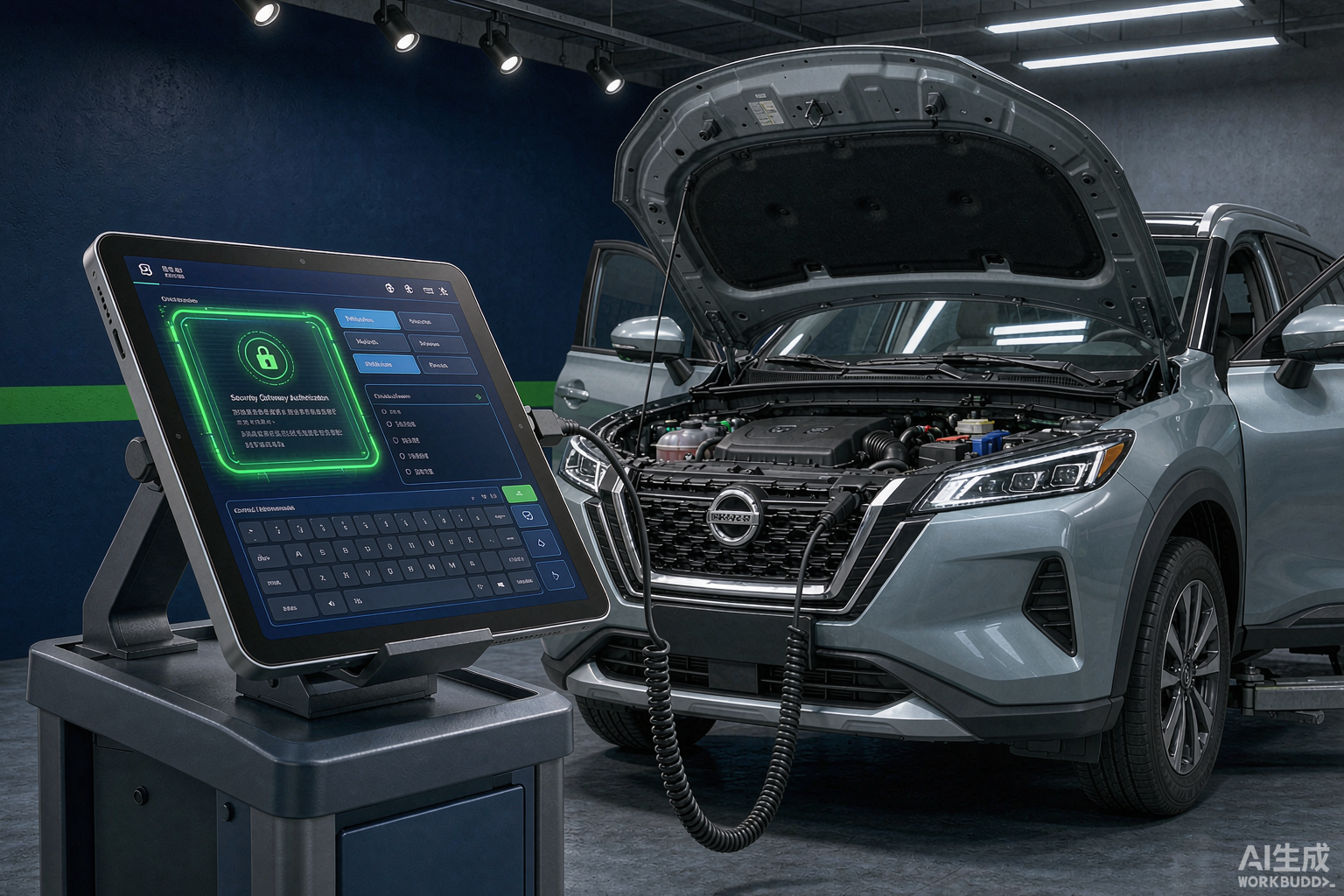 Professional diagnostic tablet connected to a modern Nissan SUV in a workshop with a digital security gateway interface