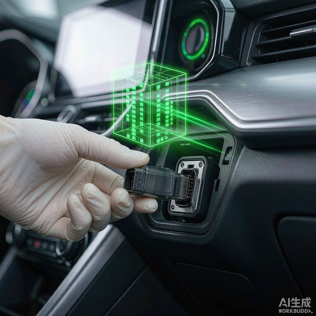 OBD2 diagnostic connector plugging into a vehicle OBD-II port with a security gateway unlock overlay