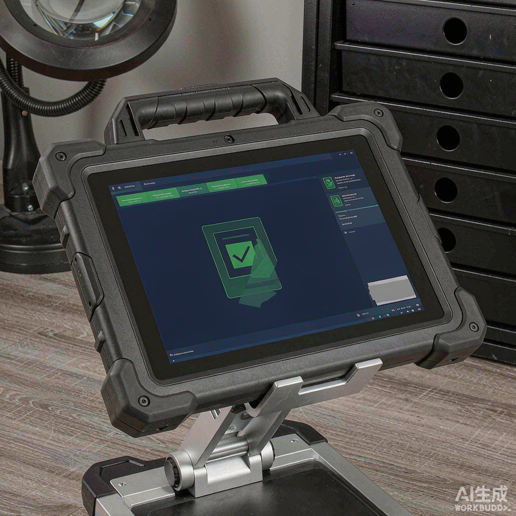 Close-up of a diagnostic tablet showing a subscription renewal screen with multiple software licenses