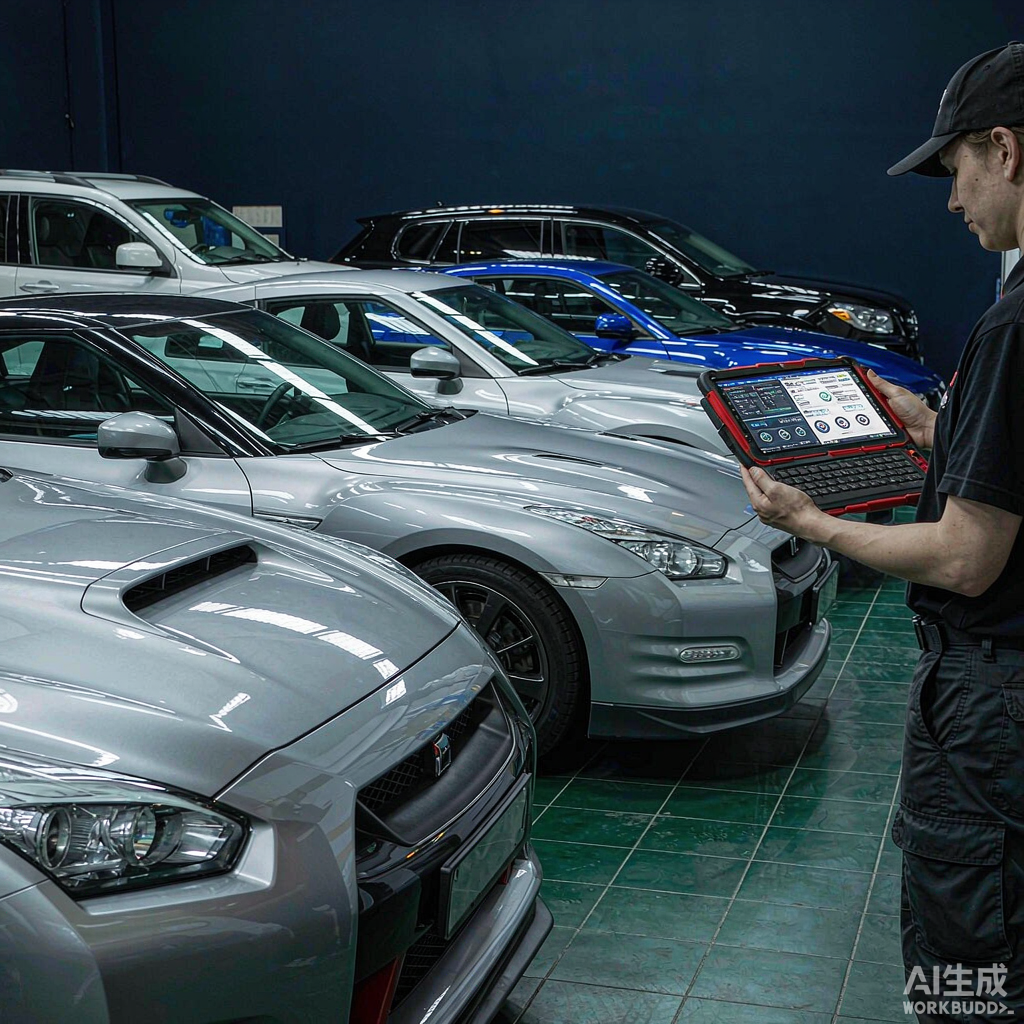 Technician holding a single multi-brand diagnostic tablet while standing beside several different vehicle makes in a workshop