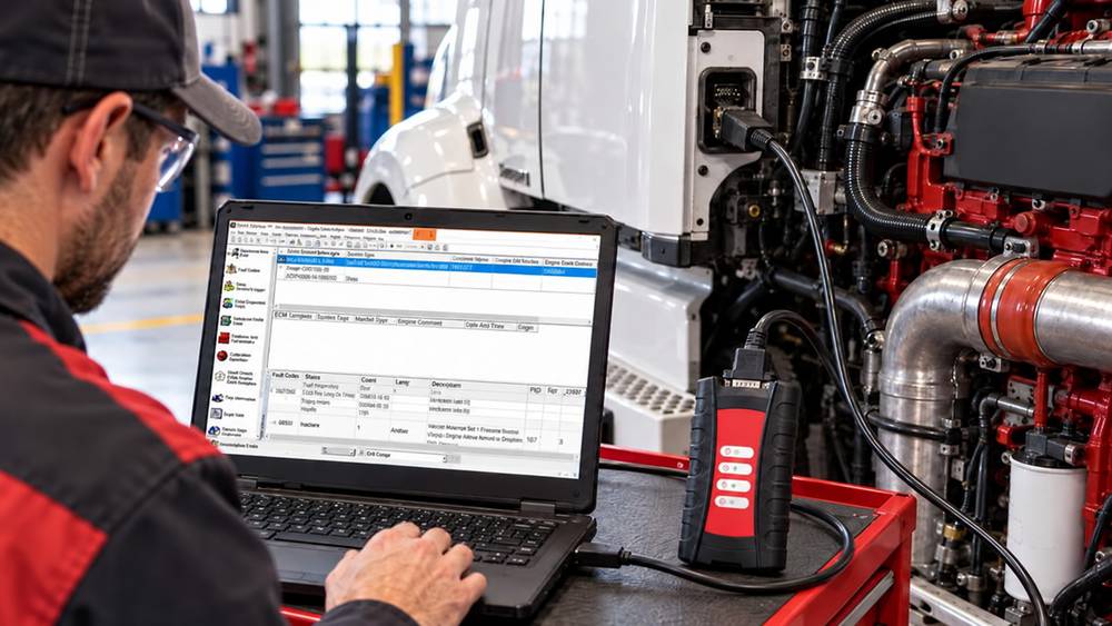 Cummins INSITE engine diagnostic workflow using a laptop and datalink adapter