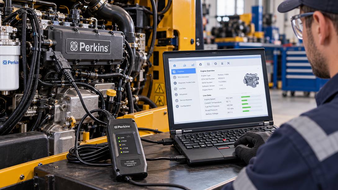 Perkins EST diagnostic software connected to Perkins engine with diagnostic interface