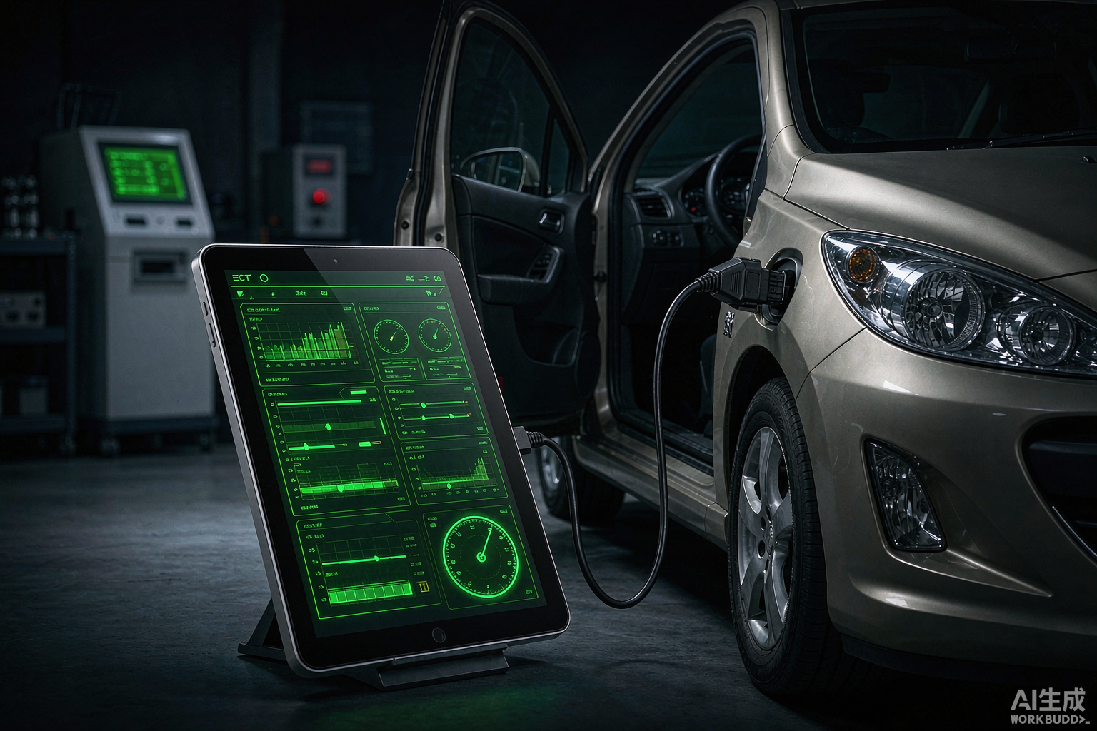 Тюнинговый инструмент AutoTuner, подключённый к хэтчбеку Peugeot 308 через OBD-кабель в профессиональной мастерской