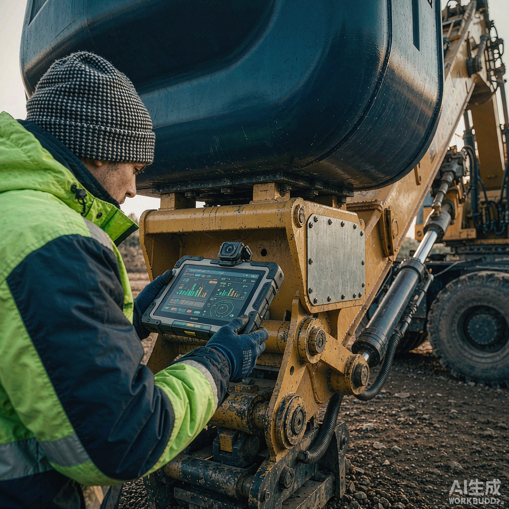 Doosan crawler excavator on a job site being diagnosed with a handheld tool