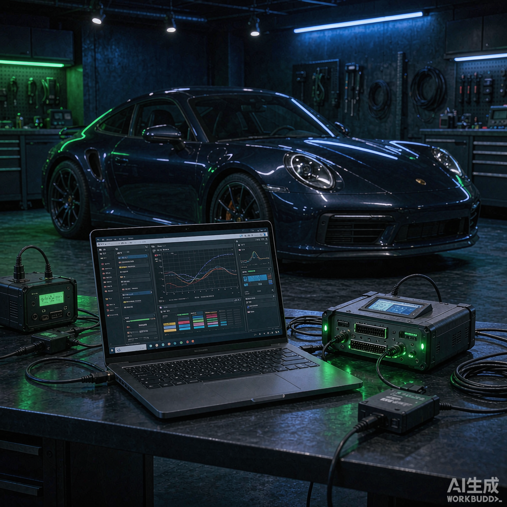Рабочая станция тюнера с программным обеспечением FLEX на ноутбуке и Porsche 911 на фоне
