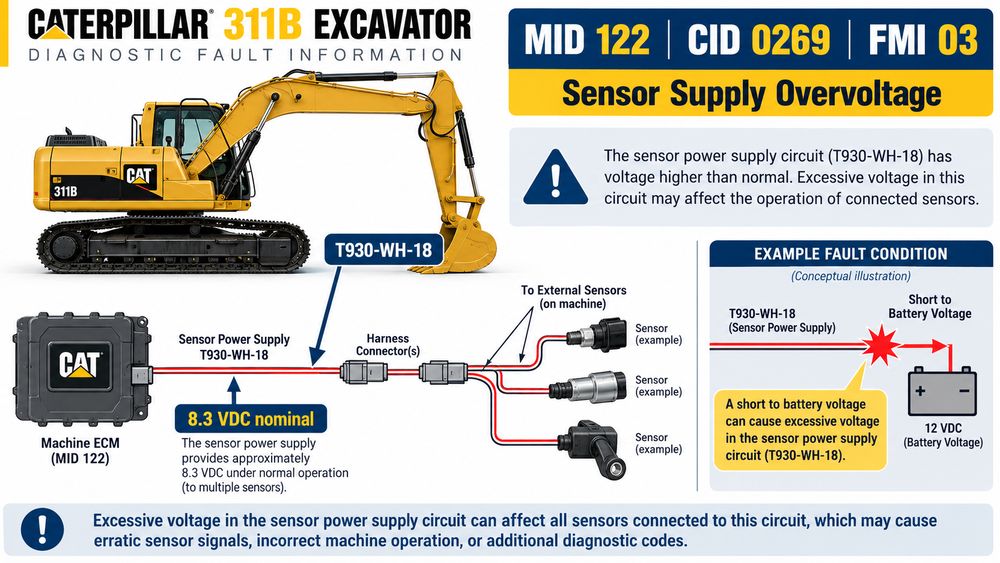 Инфографика кода неисправности Caterpillar 311B MID 122 CID 0269 FMI 03, показывающая состояние перенапряжения в цепи питания датчика T930-WH-18