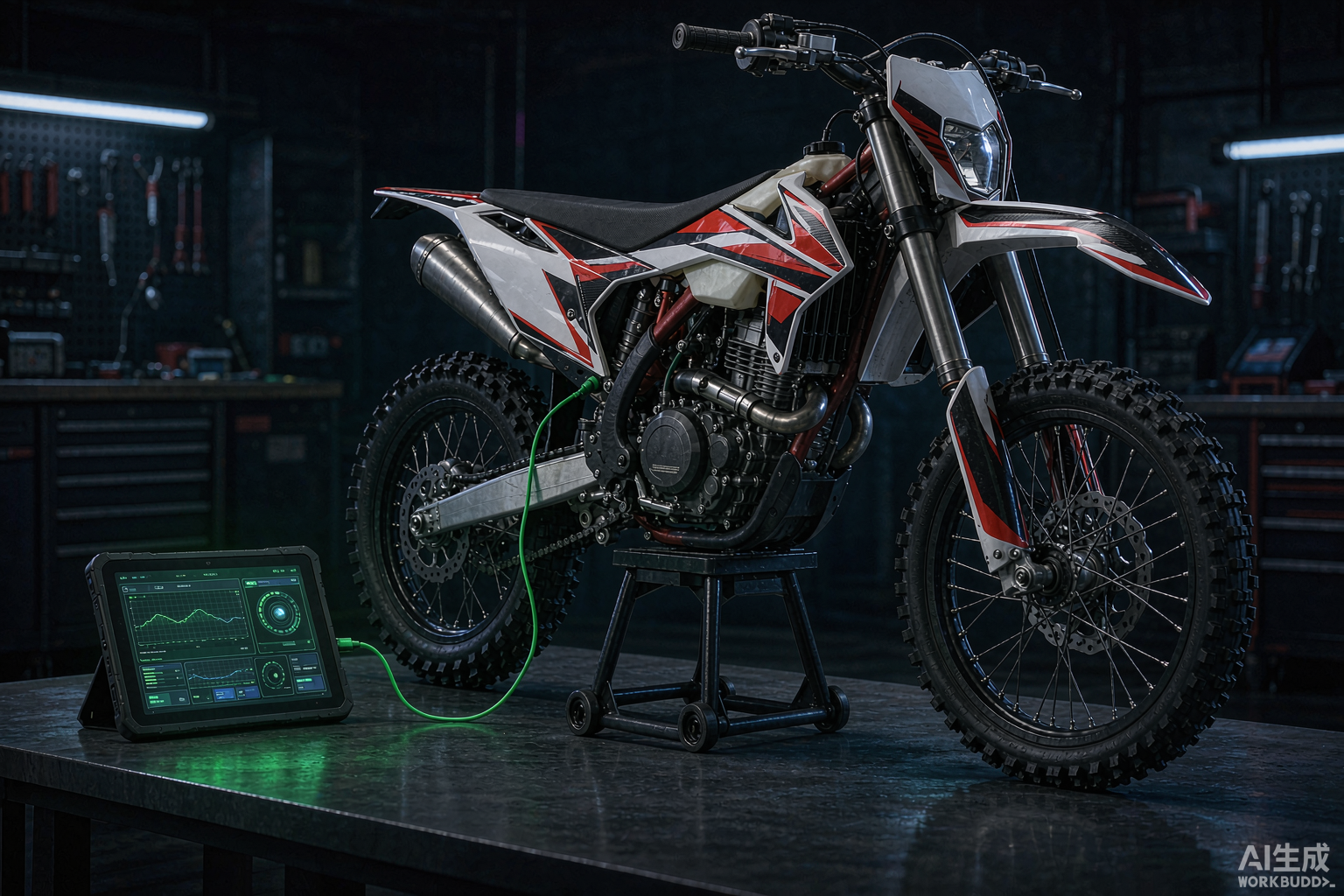 Мотокроссовый мотоцикл KTM на стенде в мастерской с диагностическим инструментом, подключённым к ECU