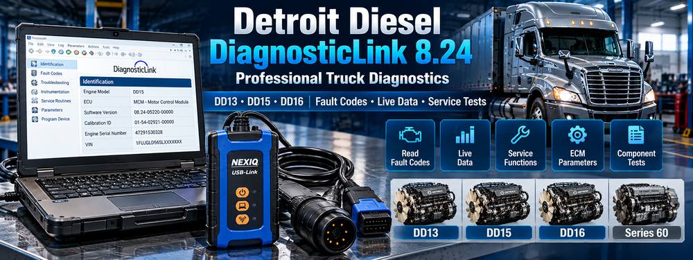 Detroit Diesel DiagnosticLink 8.24 software with NEXIQ USB-Link diagnostic adapter for heavy-duty truck repair