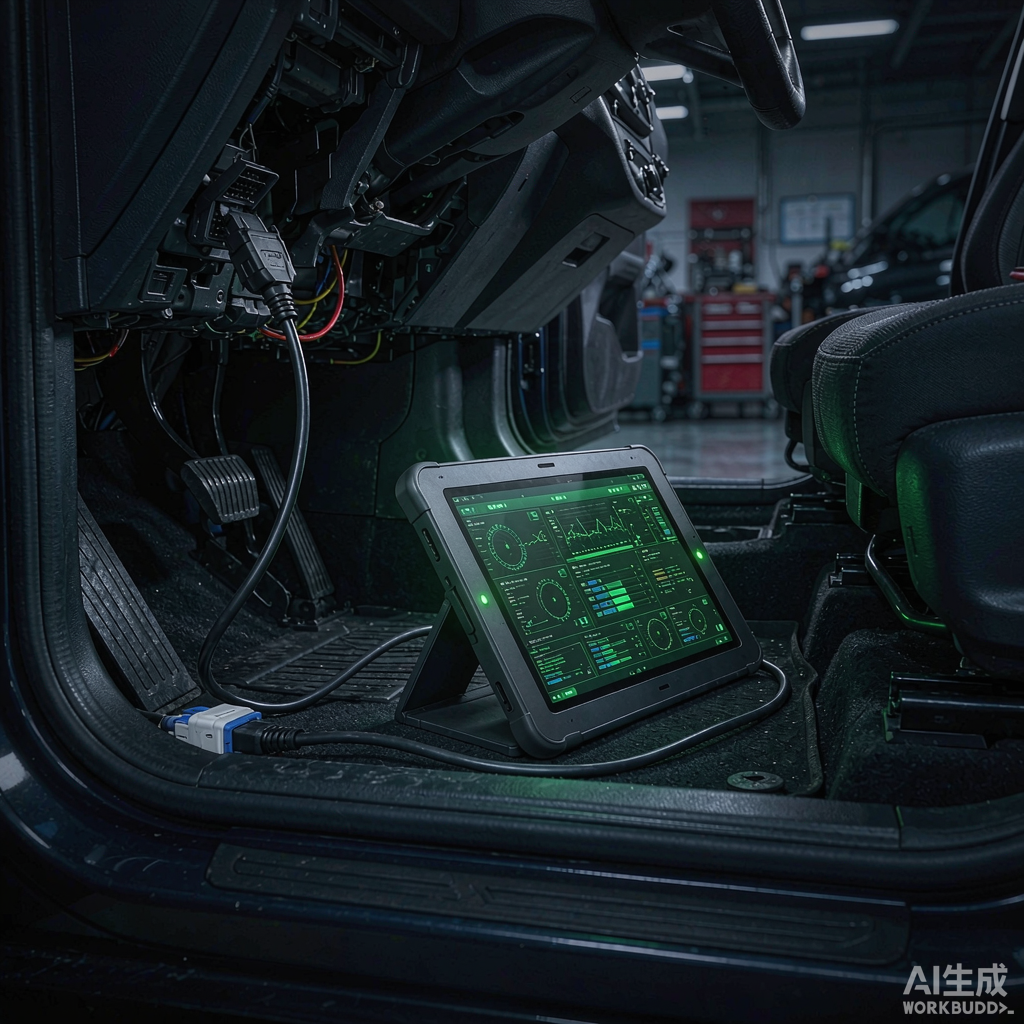 Техник использует диагностический планшет, подключённый к порту OBD автомобиля в мастерской