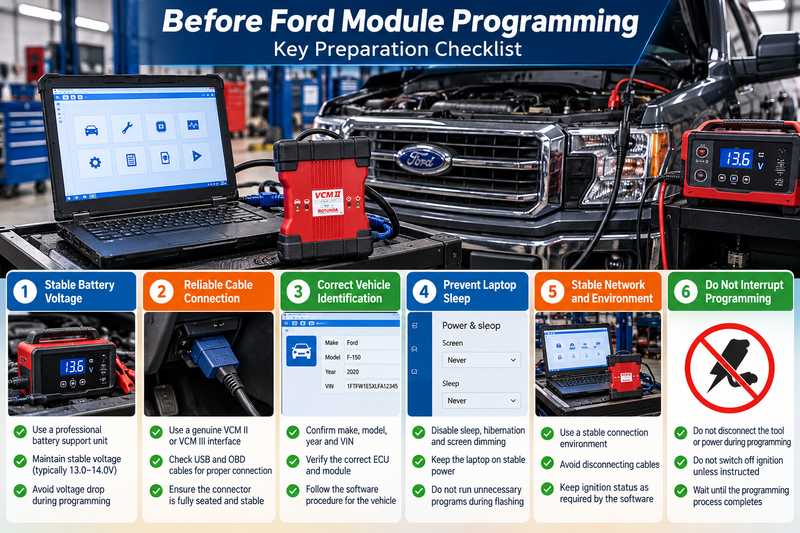 Контрольный список подготовки к программированию модуля Ford ECU с поддержкой аккумулятора и диагностическим интерфейсом