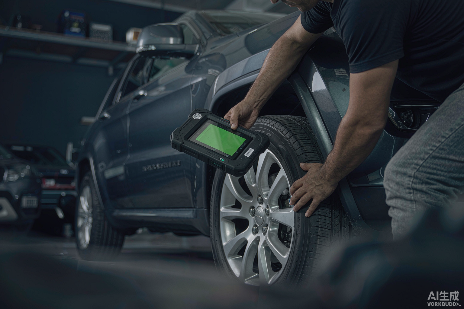 Техник использует диагностический инструмент TPMS для считывания датчиков давления в шинах на Jeep Grand Cherokee в мастерской
