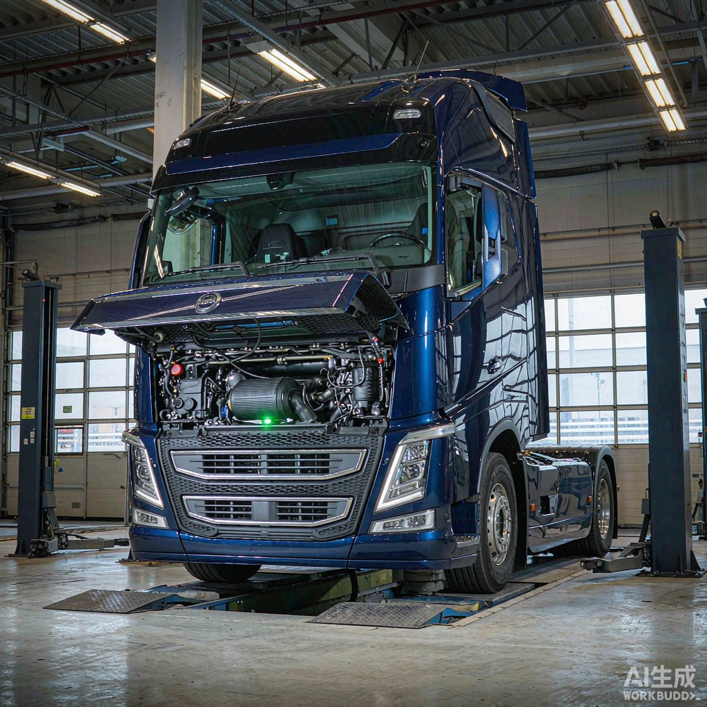 Магистральный грузовик Volvo FH на сервисном подъёмнике рядом с диагностическим и программным оборудованием для ECU