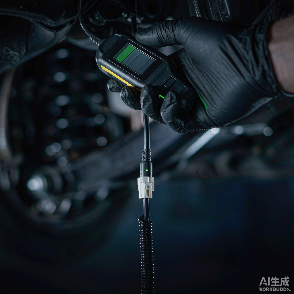 Крупный план руки техника, программирующего датчик TPMS с помощью портативного диагностического инструмента