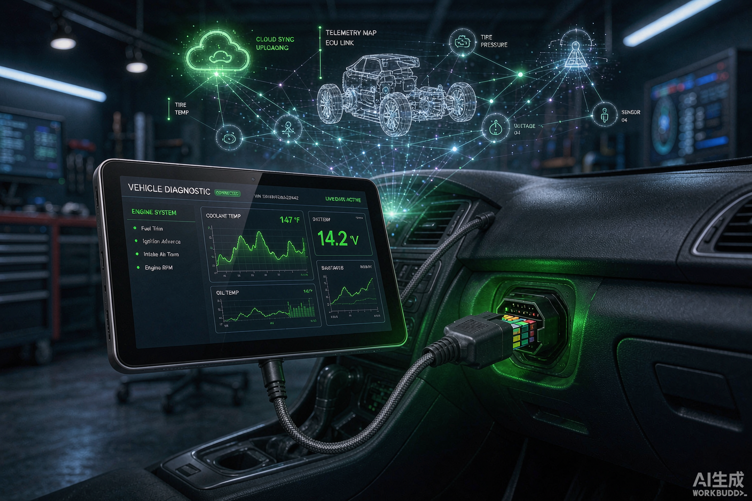 Diagnostic scanner plugged into a modern vehicle OBD port with cloud data overlay