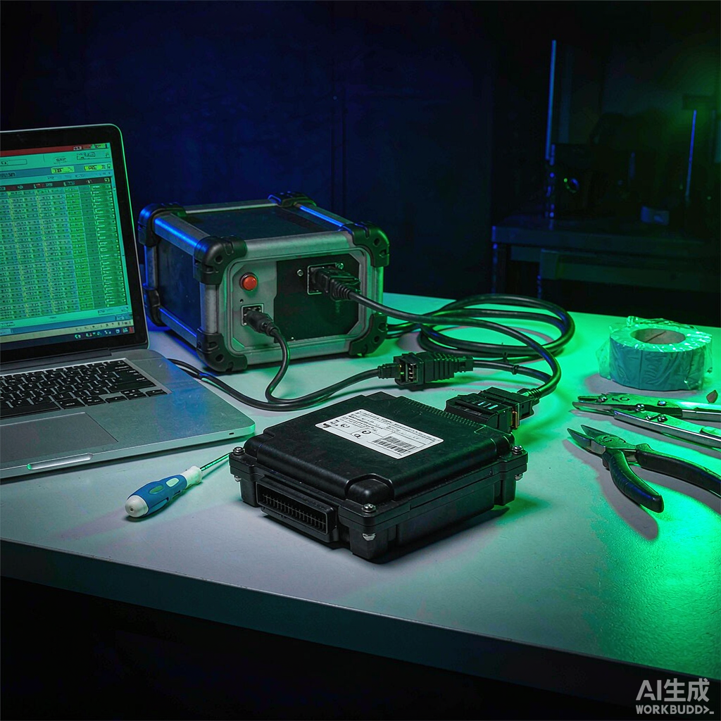 Техник читает грузовой ECU Bosch ECM4 стендовым программатором, ноутбук показывает данные ECU