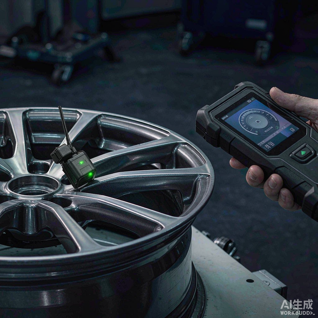 Датчик TPMS, установленный внутри колеса, проверяется диагностическим сканером на подъёмнике в мастерской