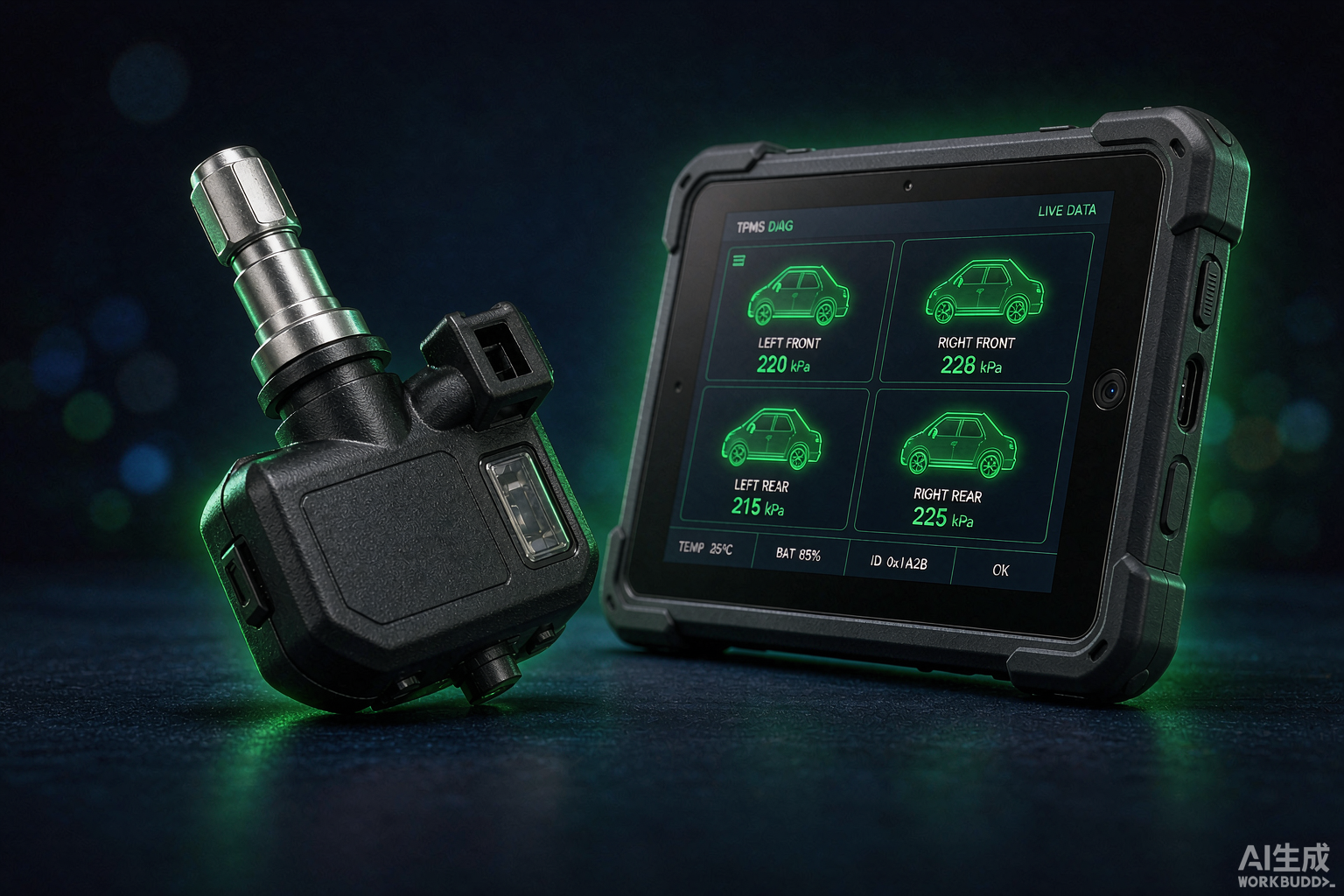 Универсальный датчик TPMS Foxwell T20i и смарт-инструмент TS5000 на тёмно-синем студийном фоне