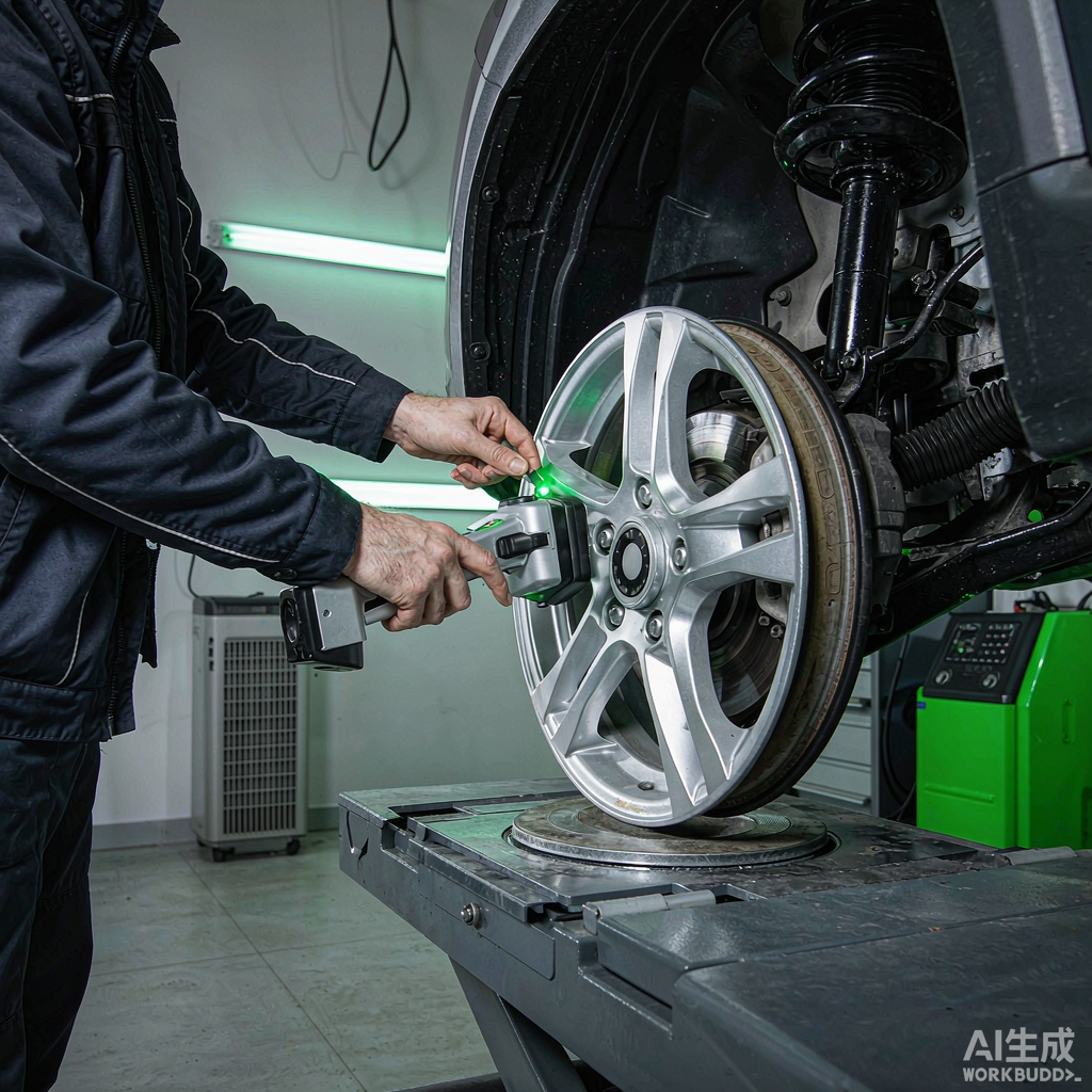 Техник использует инструмент программирования TPMS для активации датчика давления в шине на колесе в мастерской