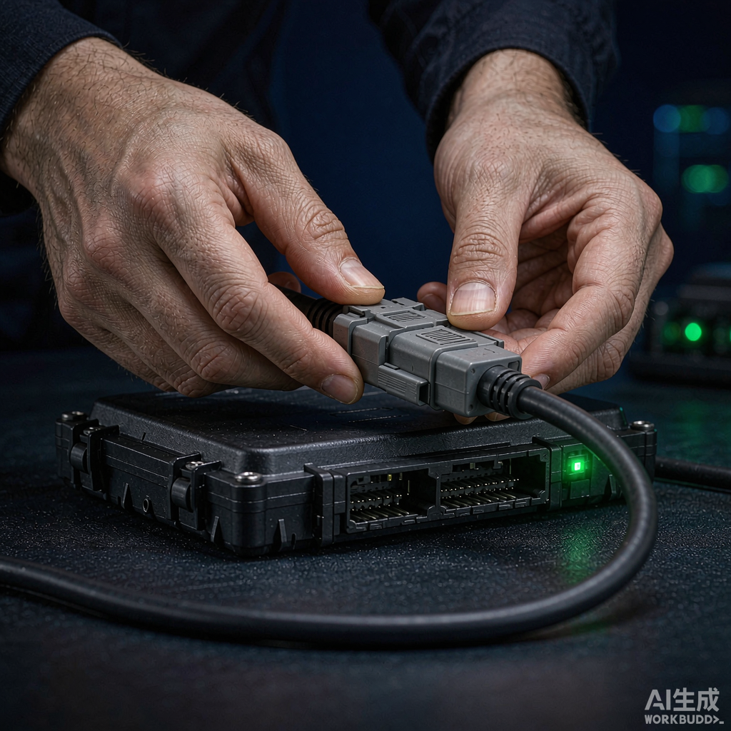 Техник подключает ECU Bosch к стенду для тюнинга