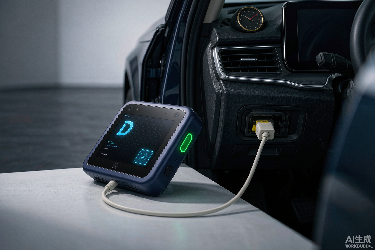 Диагностический тестер DiagProg4, подключённый к порту OBD2 автомобиля