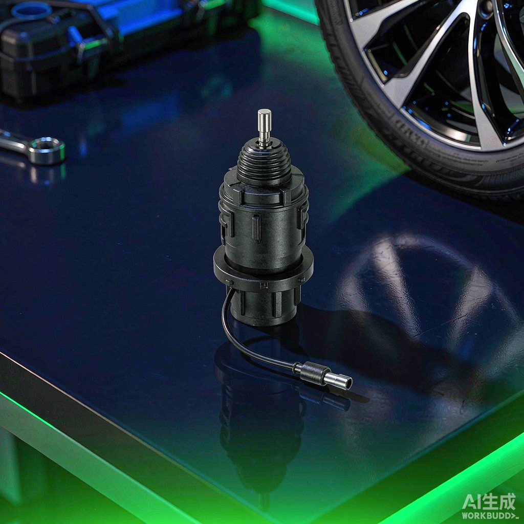 Крупный план программируемого универсального датчика TPMS с металлическим вентилем рядом с колесом