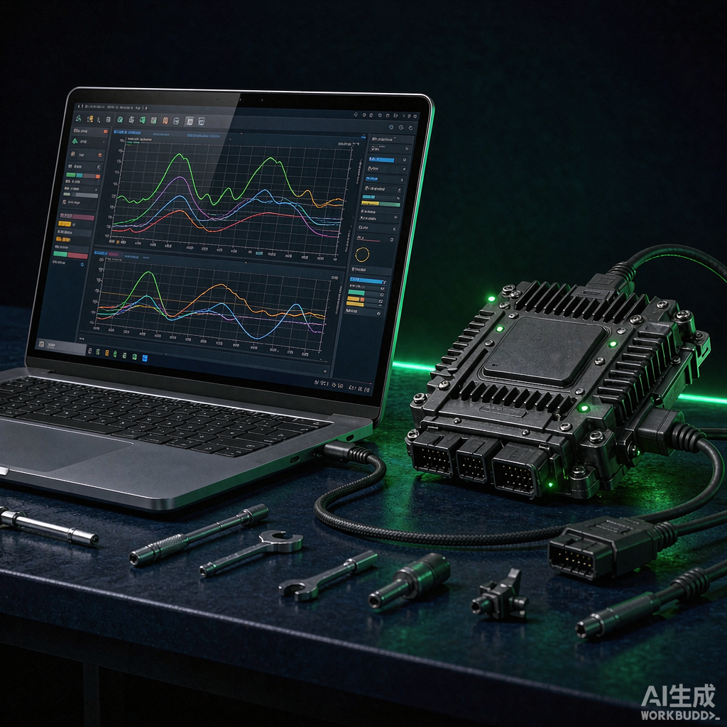 Программное обеспечение для чип-тюнинга ECU выполняет сессию калибровки на ноутбуке