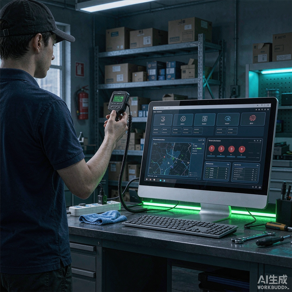 Mechanic in a workshop comparing a handheld scanner against a cloud-connected diagnostic platform